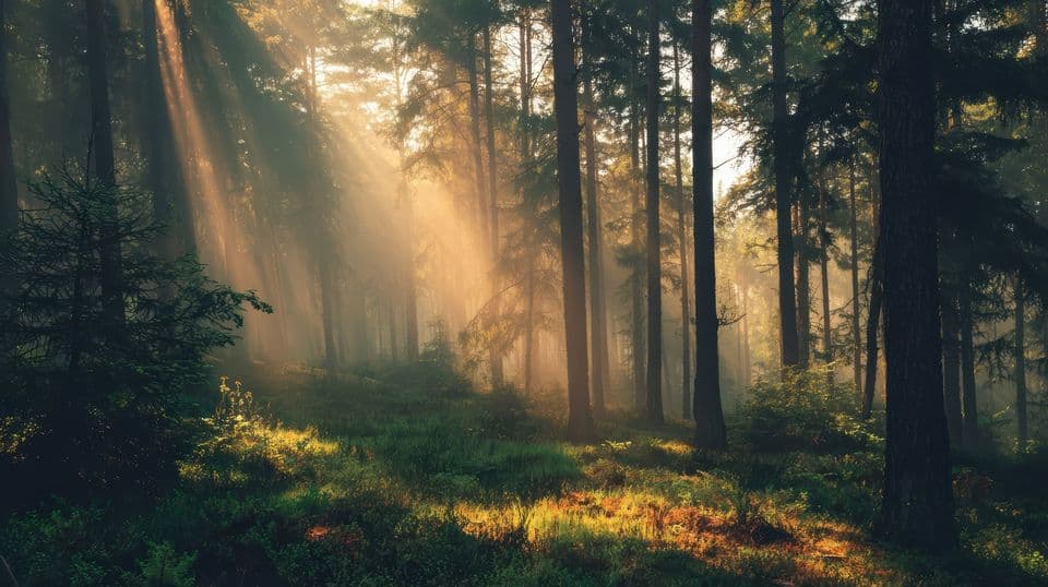 Nadelwald im Morgennebel, Licht fällt zwischen die Stämme